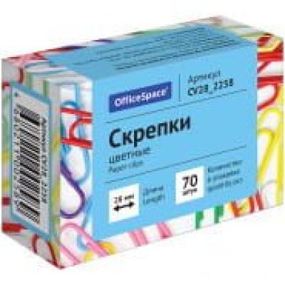 Скрепки 28 мм 70шт,  OfficeSpace, цветные, карт. упак.
