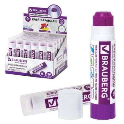 Клей-карандаш 09 г BRAUBERG, обесцвечивающийся, цветной