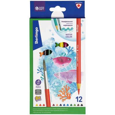 Карандаши цветные акварельные 12 цв.Berlingo «SuperSoft. Рыбки».+кисть, трехгран., заточен.