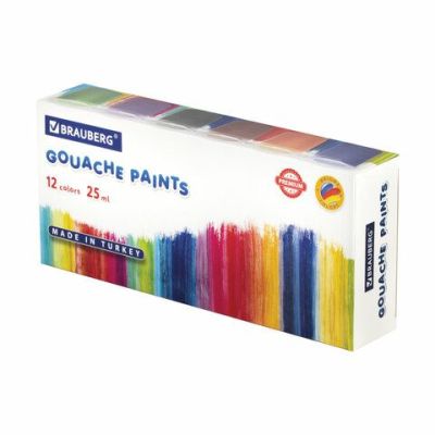 Гуашь 12 цветов по 25 мл BRAUBERG «PREMIUM»,  картонная упаковка