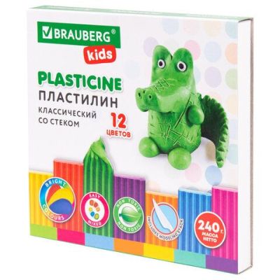 Пластилин 12 цв. 240 г BRAUBERG «KIDS», стек, ВЫСШЕЕ КАЧЕСТВО