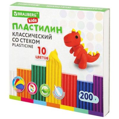 Пластилин 10 цв. 200 г BRAUBERG KIDS, со стеком, 106504