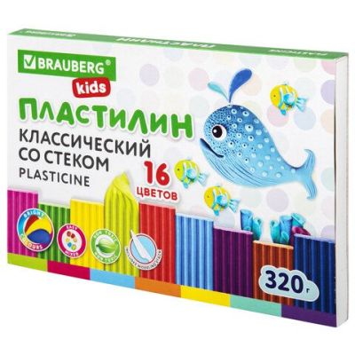 Пластилин 16 цв. 320 г BRAUBERG KIDS, со стеком, 106508