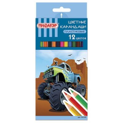 Карандаши цветные 12 цв. ПИФАГОР «ДЖИП», пластиковые, классические, заточенные