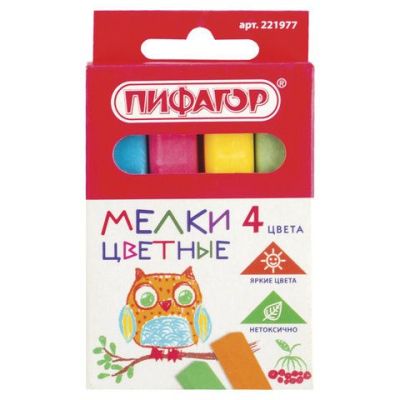 Мел школьный 04 шт. цветной ПИФАГОР квадратный