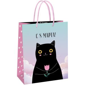 Пакет подарочный 11*14*6,5см MESHU «Black cat» (8 марта), глянцевая ламинация