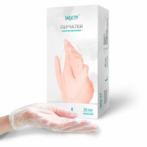 Перчатки виниловые смотровые L (большой), 50 пар (100 шт.), прозрачные, SAF&TY, 631349