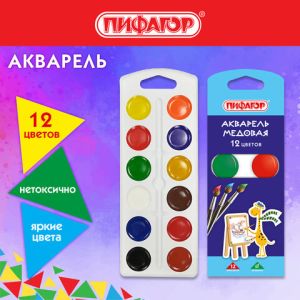 Краски акварельные 12 цветов ПИФАГОР «ЖИРАФ» на коррексе, медовые, круглые кюветы, 192647