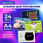 Альбом для рисования А4, 24 л., гребень, обложка картон, BRAUBERG, 195х285 мм, МИКС-1, 107108