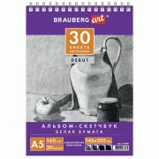 Скетчбук, белая бумага 160 г/м2, 145х205 мм, 30 л., гребень, жёсткая подложка, BRAUBERG ART «DEBUT», 110989