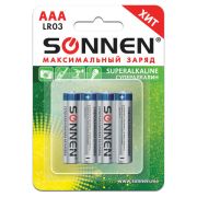 Батарейка AAA SONNEN LR03, комплект 4 шт., СУПЕРАЛКАЛИНОВЫЕ, в блистере, 1,5 В, УПАКОВКА