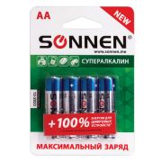 Батарейка AA SONNEN LR6, комплект 4 шт., СУПЕРАЛКАЛИНОВЫЕ, в блистере, 1,5 В, УПАКОВКА