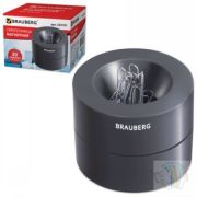 Скрепочница магнитная BRAUBERG с 30 скрепками, большой бочонок, черная