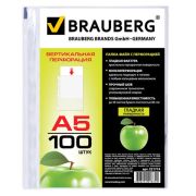 Файл А5 35 мкм, BRAUBERG, МАЛОГО ФОРМАТА (148х210 мм) вертикальные, комплект 100 шт., гладкие, «Яблоко»,221714