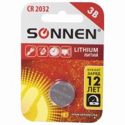 Батарейка CR2032 SONNEN (таблетка), d=20мм, h=3,2мм, ЛИТИЕВАЯ, 1 шт., в блистере, 3В