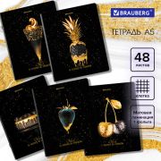 Тетрадь 48 л., А5, BRAUBERG, скоба, клетка, матовая ламинация, фольга, «Black&Gold»