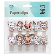 Зажимы для бумаг 7мм, MESHU «Cute pets», 10шт., деревянные, ассорти, опп пакет с европодвесом, веревка в комплекте