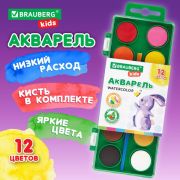 Краски акварельные 12 цветов BRAUBERG KIDS, круглые кюветы, пластиковый пенал, 191806