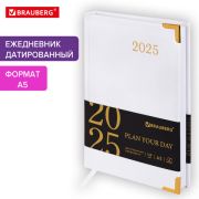 Ежедневник датированный 2025 А5 138x213 мм BRAUBERG «Senator», под кожу, белый, 115819